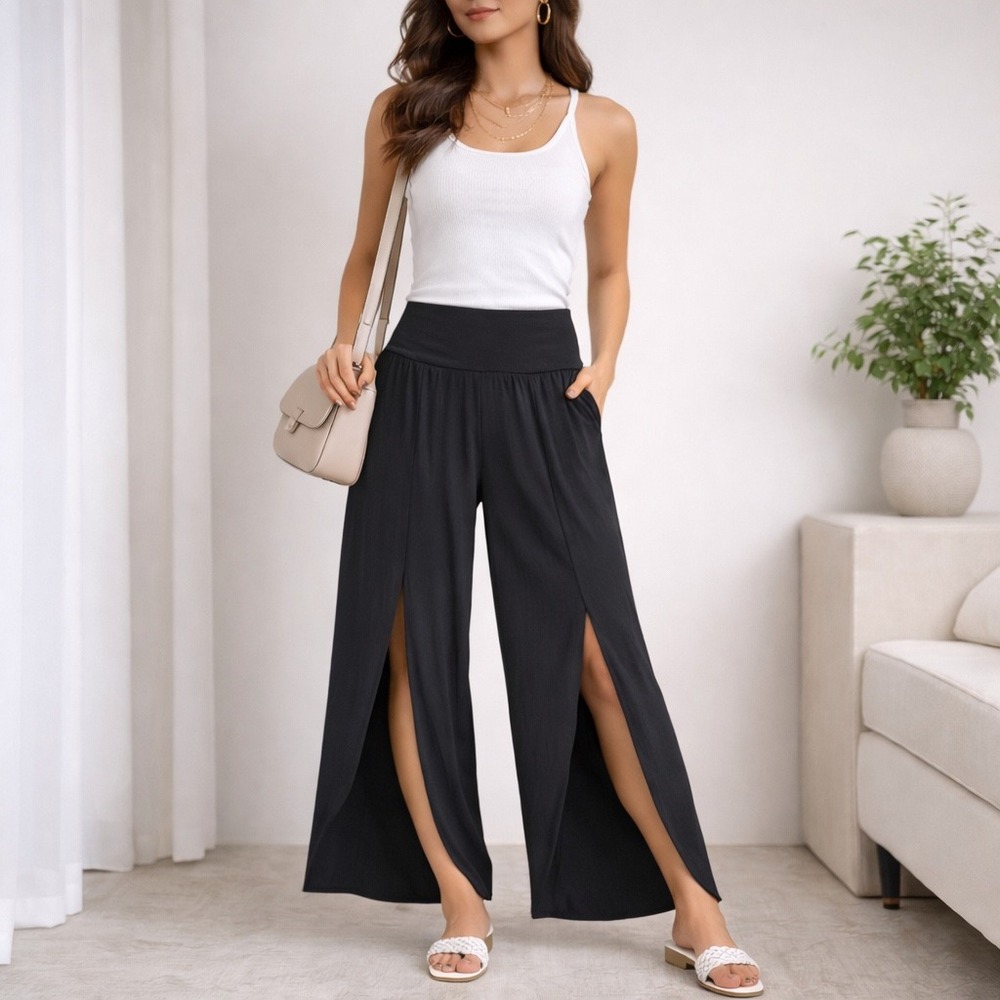 HALARA Black Wide-Leg Split Palazzo Pants